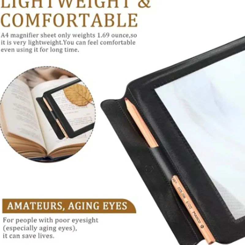 A4 Full Page Size Portable Black Frame Ultra Thin Magnifying Glass Bookmark Magnifying Lens for Reading Books